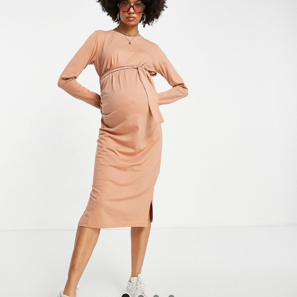 NWT! women's Threadbare Maternity tie belt long sleeve midi dress taupe 10 baby